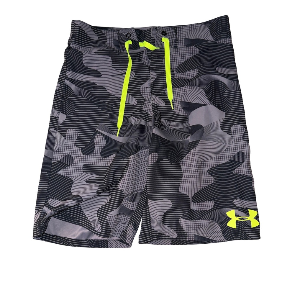 Under Armour Board Shorts 28 Gray Camo Neon Green HeatGear Swim Trunks 1249254